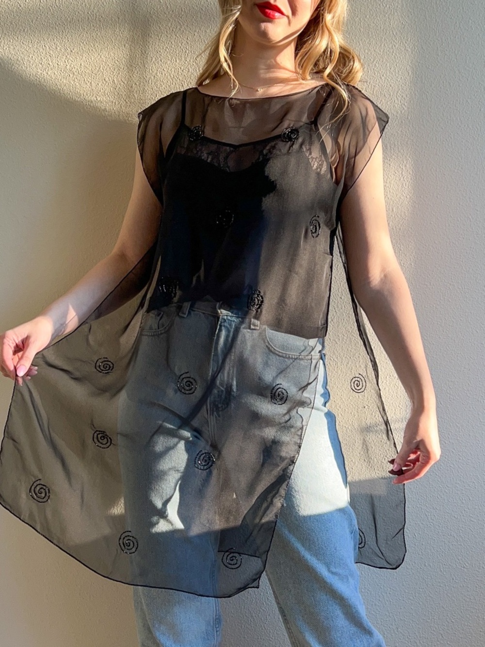 Sheer Vintage 1990s Black Chiffon Overlay With Beading (M)